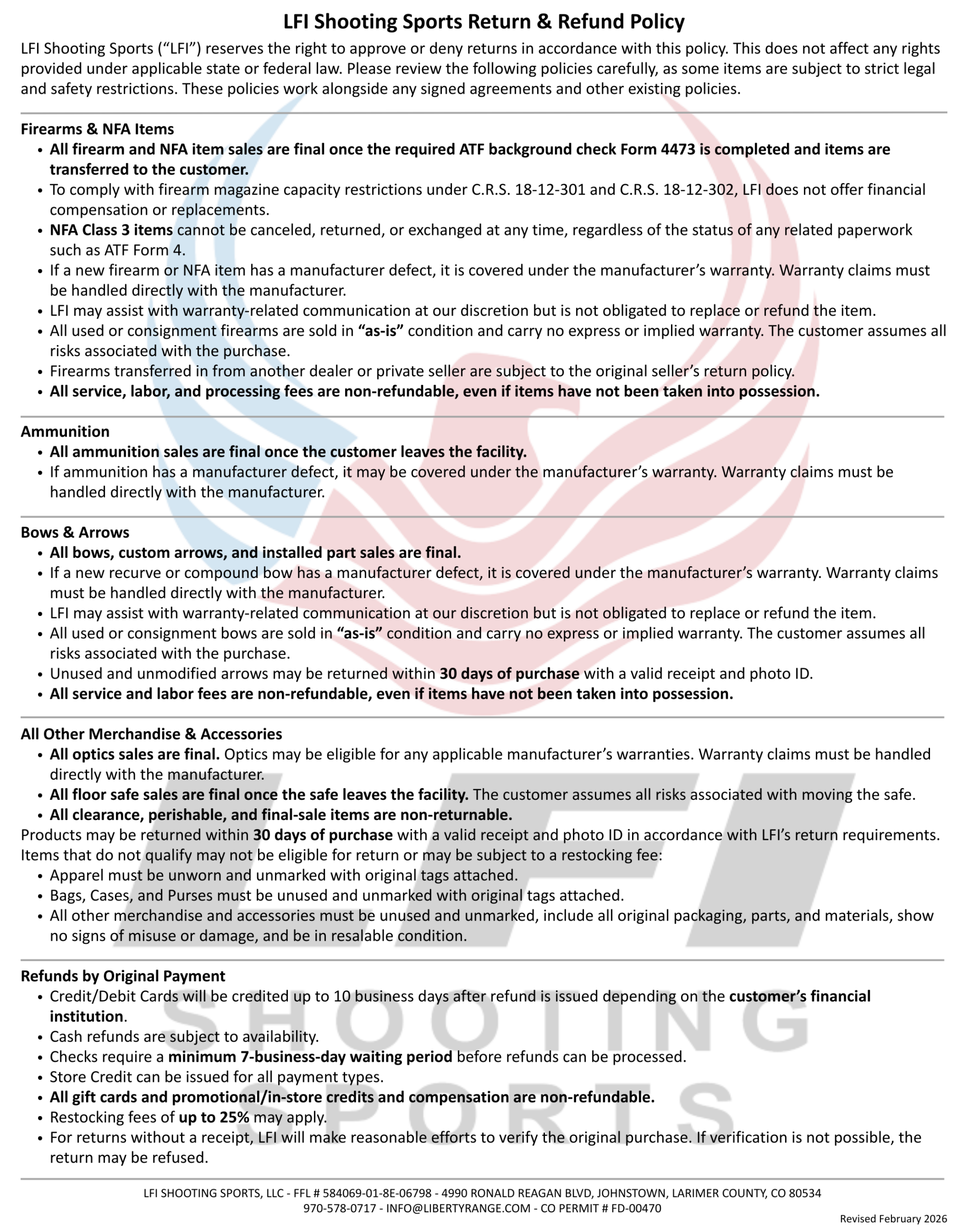 LFI Return Policy Sign 22x28